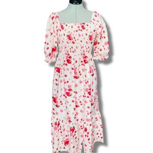 Red and White Strawberry Floral Romantic Peasant Dress